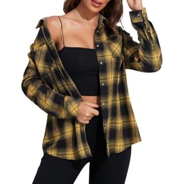 Imagem de Camisetas xadrez de flanela para mulheres, xadrez, manga comprida, casual, abotoada, blusa com bolsos, Amarelo, XXG