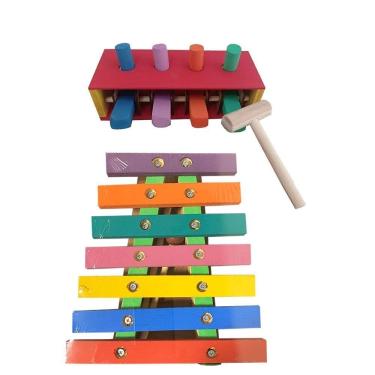 Imagem de Kit brinquedo infantil xilofone e bate pinos em madeira
