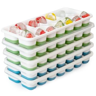 Imagem de Bandejas de gelo para congelador – Bandejas de gelo de silicone fáceis de liberar com tampas resistentes a derramamentos, cubos de gelo reutilizáveis, empilháveis e livres de BPA, perfeitas para