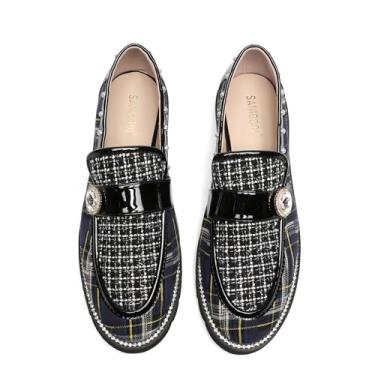 Imagem de Mocassins femininos com sola xadrez tipo penny, feminino, strass brilhante, pérola, salto baixo, moderno, sem cadarço, elegante, bico redondo, confortável, festa, noite, glitter, espuma viscoelástica,