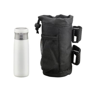 Imagem de povtii Suporte de copo para bicicleta, suporte de bebida de ciclismo Oxford com bolsos de malha e tiras autoestimulantes, organizador universal de garrafa de água para bicicletas, barcos, cadeiras de