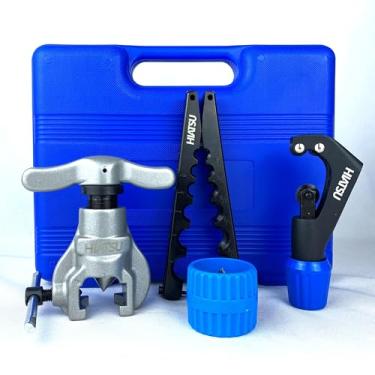 Imagem de Kit flangeador excêntrico sem catraca CT-806AM-L com limitador de Torque 45º 1/4" 5/16" 3/8" 1/2" 5/8" 3/4" cortador escareador rebarbador tubos cobre alumínio HVAC mesa morsa alargamento maleta