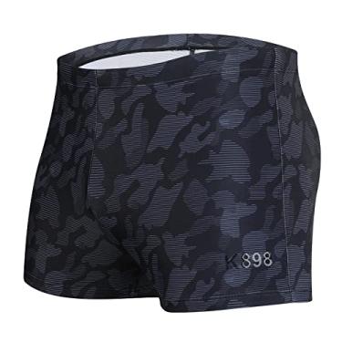 Imagem de KGKE Bermuda masculina de natação com perna quadrada FPS 50+, roupa de banho masculina com fecho de tecido em forma de retenção (preto camuflado, 2GG)