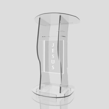 Imagem de Púlpito em Acrílico para Igreja e/ou Eventos com Gravação e Led grátis Mod. Jonas Transparente (Tradicional, Moderna ou Sem Gravação) Cores em Led. (Grav. "Jesus" Tradicional, LED BRANCO)