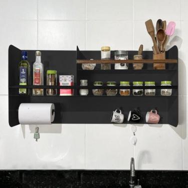 Imagem de Organizador Multiuso Cozinha em Aço Carbono Preto e Madeira  - 100cm L