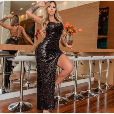 Imagem de Vestido Longo Festa Paetê Trançado Costas Fenda Na Perna - Luh May, M,