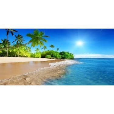 Imagem de Yeele 3 x 1,5 m, cenário de praia tropical de verão, palmeiras à beira-mar, céu azul, sol, fotografia, aniversário, casamento, chá de panela, banner, Havaí, decoração de festa na piscina, adereços de