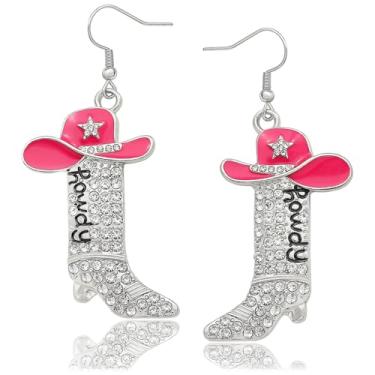 Imagem de Brincos femininos de vaqueira de strass com glitter, letra de Howdy ocidental, brincos de chapéu esmaltado de caubói com estrela brilhante, rodeio country, roupas de festa de concerto, joias, Zinco,