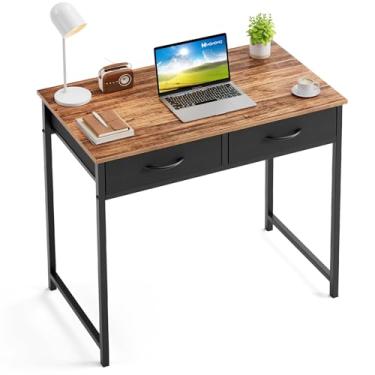 Imagem de WOHOMO Mesa de computador pequena com gavetas, mesa rústica de 80 cm com armazenamento, mesa de computador de escritório doméstico para pequenos espaços, mesa de estudo de escrita de trabalho moderna,