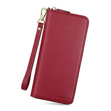Imagem de nuoku Carteira feminina com suporte de cartão de crédito para celular, carteira de couro PU com bloqueio de RFID, Borgonha, Bolsa de pulso