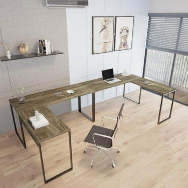Imagem de Kit 2 Mesas de Escritório em L Estilo Industrial 1,50mx1,50m Kuadra Carvalho Dark