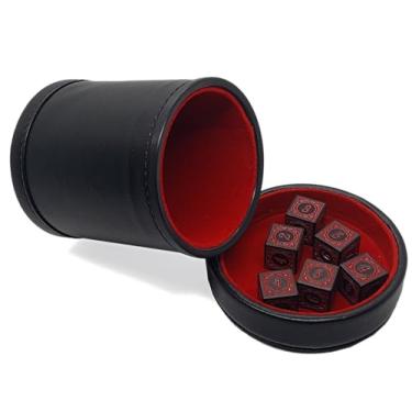 Imagem de Set of (6) Black & Red Opaque Dice 16mm 6-Sided Numerals 1-6 Squared Corners + PU Leather Cup with Removable Matching Lid Cover Tray Felt Lined (Red)