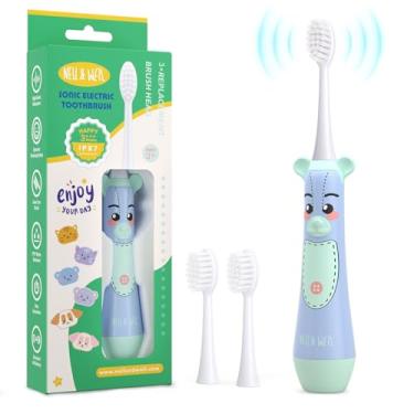 Imagem de NELL&WELL Escova de dentes elétrica infantil, temporizador de 2 minutos, 3 modos com memória, IPX 7 impermeável, escova de dentes infantil alimentada por bateria com 3 cabeças de cerdas macias para