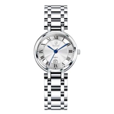 Imagem de Taxau Relógios femininos prateados, à prova d'água, modernos, luxuosos, de aço inoxidável, com data, analógico, quartzo, minimalista, analógico, relógio de pulso feminino, Branco-HL-L8105, round