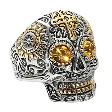 Imagem de INRENG Anel masculino de aço inoxidável prata dourado gótico crânio cruz verde olho vintage flor esculpida Halloween, Metal, Zircônia cúbica,