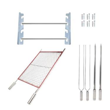 Imagem de Kit Grelha Inox 70x50cm + 4 Espetos + Suporte Churrasqueira - INOX LAU