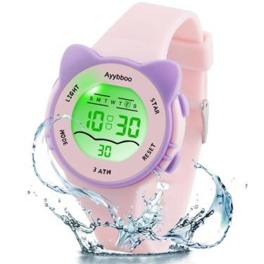 Imagem de Relógio Infantil Digital Ayybboo - Gato Fofo com 7 Luzes Coloridas e à