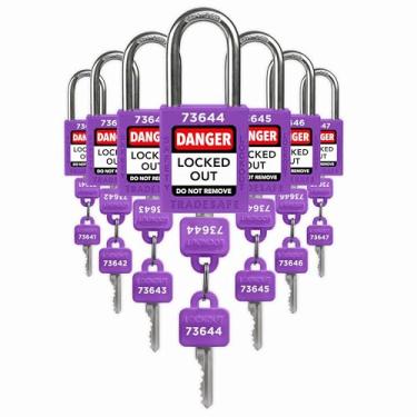 Imagem de TRADESAFE Conjunto de trava com etiqueta de bloqueio, pacote com 7 cadeados de segurança com chave diferente, 2 chaves por fechadura, roxo, fechaduras de segurança em conformidade com a segurança para fechar, marca de segurança industrial e empresa