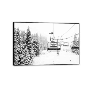 Imagem de MOBYAT Snow Spruce Tree Ski Lift Preto Branco Foto Impressão em Tela Natureza Montanha Paisagem Wall Art Poster para Sala de Estar Decoração de Casa 90x60cm (36x24in) Moldura preta
