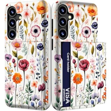 Imagem de IWONE Capa para celular compatível com Samsung Galaxy S23 FE fofa com porta-cartões/S23FE capa de telefone carteira à prova de choque para mulheres/flores bonitas selvagens primavera jardim gramíneas