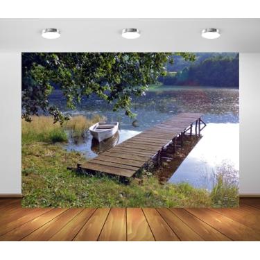 Imagem de BELECO Tecido de 2,1 x 1,5 m à beira do lago, cenário de barco, floresta, lago, canoa de pescador, árvores verdes, fundo de pesca, tema de pesca, decoração de festa, estúdio, adereços para fotos