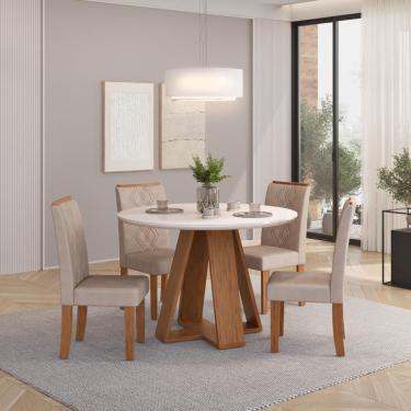 Imagem de Conjunto Sala de Jantar 4 Cadeiras Ayla Creme Tampo de Vidro Kiara Freijó Off White dj Móveis