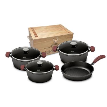 Imagem de Jogo de Panelas de Ferro Fundido 4 Peças Mta - 3 Caçarola com Tampa de Vidro e 1 Frigideira