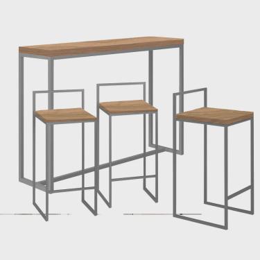 Imagem de Kit 3 Banquetas Lino + 1 Mesa Bancada Aparador Mavie 150cm Industrial Ferro Cinza 100% mdf Caramelo - Ahazzo Móveis