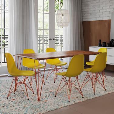 Imagem de Conjunto De Mesa Eames Clips De Ferro Cobre Tampo Amêndoa 135x75 6 Cadeiras Cobre Assento Amarelo