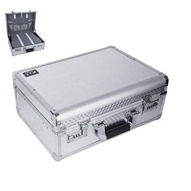 Imagem de P9IDEDFH Mala de maquiagem de liga de alumínio impermeável e resistente ao desgaste com configuração de senha caixa de armazenamento de beleza profissional 39 x 17 x 29 cm, preta, Prata