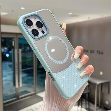 Imagem de Glitter Diamond Make Up Mirror Magnetic Phone Case para iPhone 15 14 11 12 13 16 Pro Max Plus Capa de carregamento sem fio, azul menta, para iPhone 12 Pro