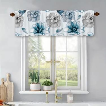 Imagem de Cortinas de cozinha curtas de tratamento de janelas florais azuis cortinas blackout com bolso para varão painel de topo para banheiro, quarto, sala de estar, 137 x 45 cm