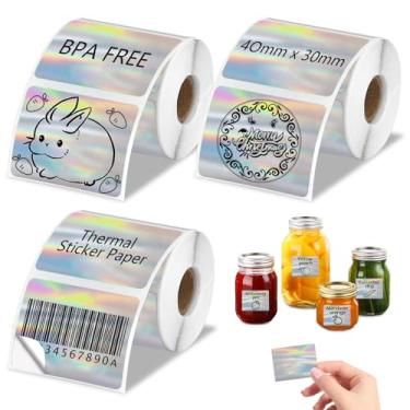 Imagem de HUIJUTCHEN 3 rolos de etiquetas térmicas holográficas de 40 x 30 mm, prata, adesivo personalizado para Nelko PM220, para Phomemo M110/M220, para impressora NIIMBOT B1, papel de etiqueta impermeável