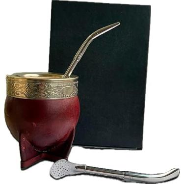 Imagem de Kit Mate Imperial Argentino Mate, com caneca de cuia de chá de palha, uma bombilla (palha), couro artesanal embrulhado, inclui caixa de embalagem premium (marrom)