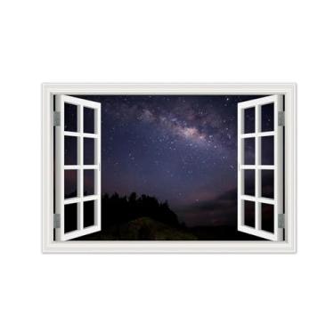 Imagem de Vista da Janela Paisagem Pintura em Tela-Árvore céu estrelado-Impressão Lona Arte Parede Natural-Decoração Sala Estar 70x105cm Sem Moldura