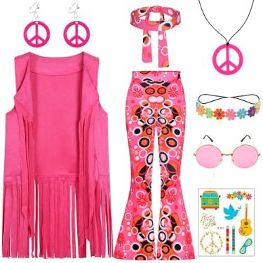 Imagem de Rayekrot Fantasia hippie para meninas, crianças, 60, 70, conjunto de roupas hippie para festa de Halloween, rosa, 6-7 Anos