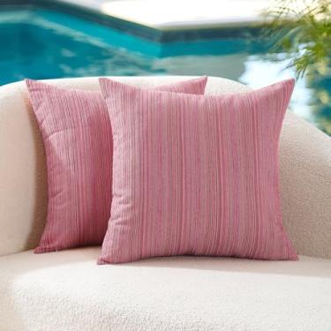 Imagem de VAKADO Capas de almofada impermeáveis para ambientes externos, 40,6 x 40,6 cm, conjunto de 2 capas decorativas para decoração de banco de jardim, varanda, sofá, tenda, cadeira, listras, rosa-choque