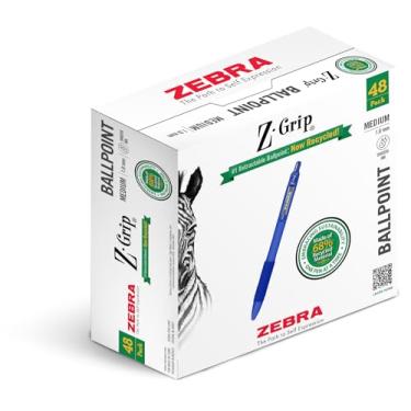 Imagem de Zebra Pen Canetas esferográficas retráteis recicladas Z-Grip, 1,0 mm, tinta azul, clipe de metal durável, 68% recicladas, pacote com 48 (20428)