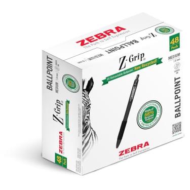 Imagem de Zebra Pen Canetas esferográficas retráteis recicladas Z-Grip, 1,0 mm, tinta preta, clipe de metal durável, 68% recicladas, pacote com 48 (20418)