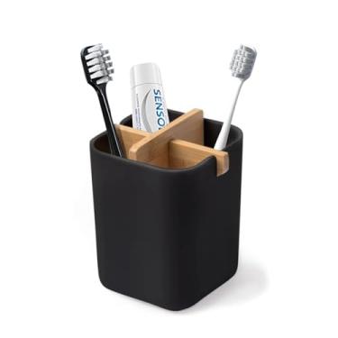 Imagem de Aoheuo Porta-escova de dentes de bambu-multifuncional-caixa de armazenamento de escova de dentes elétrica - suporte de pasta de dente resistente natural adequado para bancadas de banheiro, pia, etc.