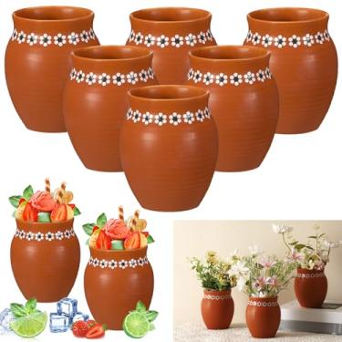 Imagem de Ninehaoou Conjunto de 6 peças de vasos de terracota mexicanos Cantaritos de Barro Mexicanos de 473 ml com taças de Margarita de argila com estampa de flores para decorações de mesa de casamento