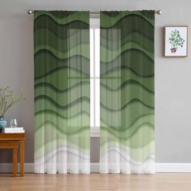 Imagem de Cortinas transparentes oceânicas abstratas de 213 cm de comprimento, painéis de tratamento de janela de ondas de spray verde gradiente com haste de filtragem de luz, cortinas de voile para quarto/sala
