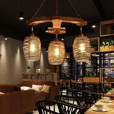 Imagem de Lâmpada Pendente De Madeira Antiga Pingente De Luz Vintage Lâmpada Suspensa Estilo Country E27 Metal Luzes De Vime Tecidas Ajustáveis Em Altura Para Quarto Sala De Estar Bar Mesa De Jantar