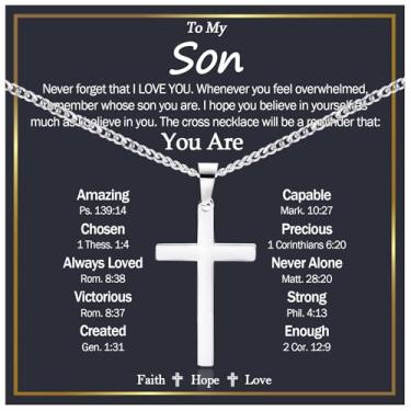 Imagem de EPIRORA Colar de cruz presentes para filho, presente de batismo de primeira comunhão para meninos, cesta de Páscoa religiosa cristã, presentes de confirmação para adolescentes e crianças, Prata