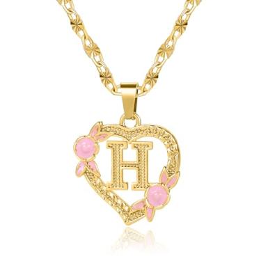 Imagem de Qitian Colar com inicial de coração para mulheres, coração, letra dourada, nome A-Z, nome alfabeto, pingente colar para presente de menina, Ouro, Sem Pedra Preciosa