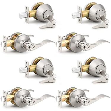 Imagem de Probrico (Conjunto de 4 maçanetas de entrada externa de níquel acetinado e pacote combo de fechadura de cilindro duplo, fechadura externa com chave semelhante à maçaneta da porta da frente, ferragens