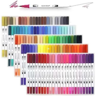 Imagem de Kit 24/36/48/60/80/100/120 Cores Brush Pen 2 em 1 – Canetas de Dupla Ponta (Pincel e Fina) para Lettering, Desenho, Pintura e Artesanato (48 cores)