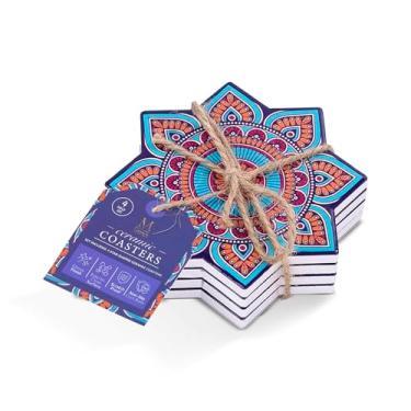 Imagem de Core Home Porta-copos decorativos em forma de estrela com azulejo de cerâmica de 16,5 cm com fundo de cortiça que não arranha, mosaico azul e laranja, conjunto de 4