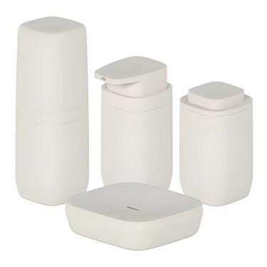 Imagem de Kit Banheiro 4pç Saboneteira + Porta Escova + Dispenser + Suporte Cotonete Algodão Bege - Aura Ou 