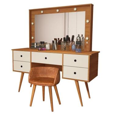 Imagem de Penteadeira Camarim Com Espelho Led 5 Gavetas Banqueta Inclusa Courino Pé Madeira Nature/off White